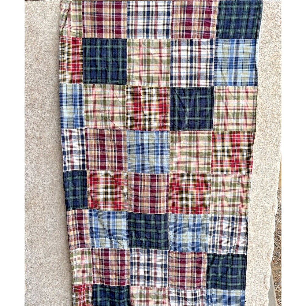VTG Nautica Madras Plaid Patchwork Shower Curtain Bathroom Preppy Lined Cotton